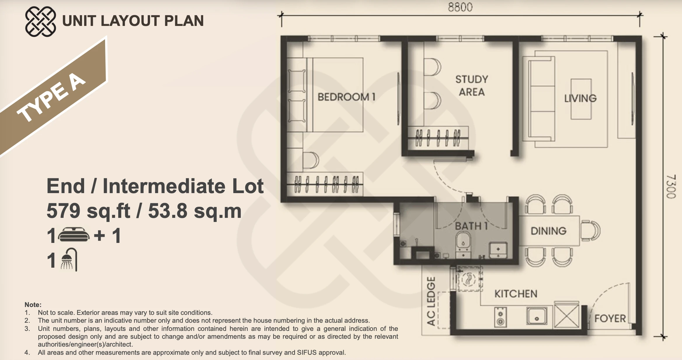 Monterra @ Solaris Tebrau Type A 1+1 bedroom 579 sqft floor plan
